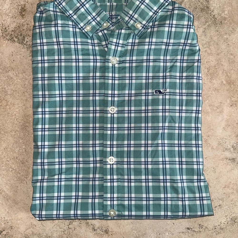 Boys Vineyard Vines Green On the Go Tattersall Button Down Shirt